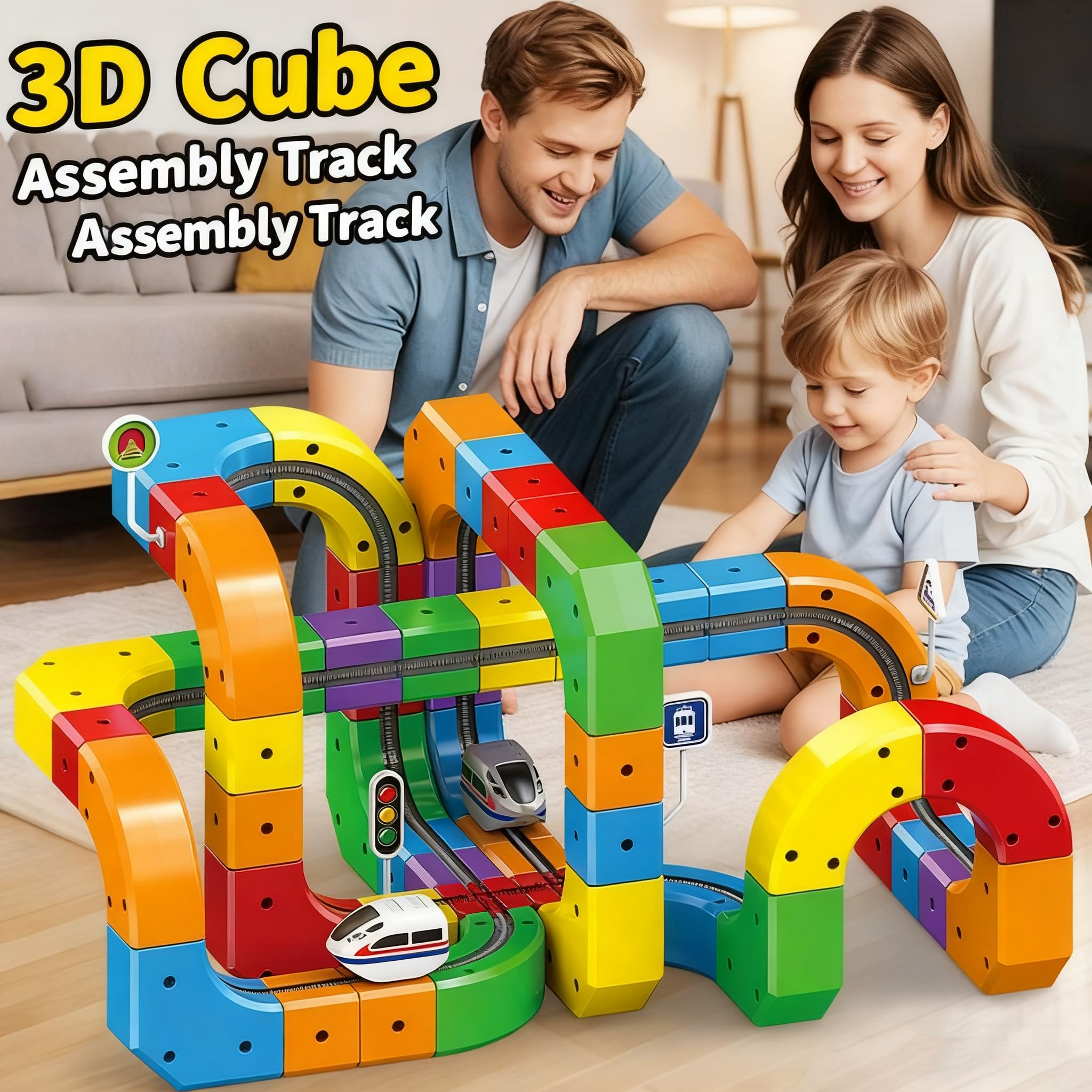 Rail Train  Set 3D Embedded Race Track Gravity Defying Motorized Car Rail Cube DIY  Montessori Sensory  Building Toy 123 Pcs STEM Christmas Birthday Gift