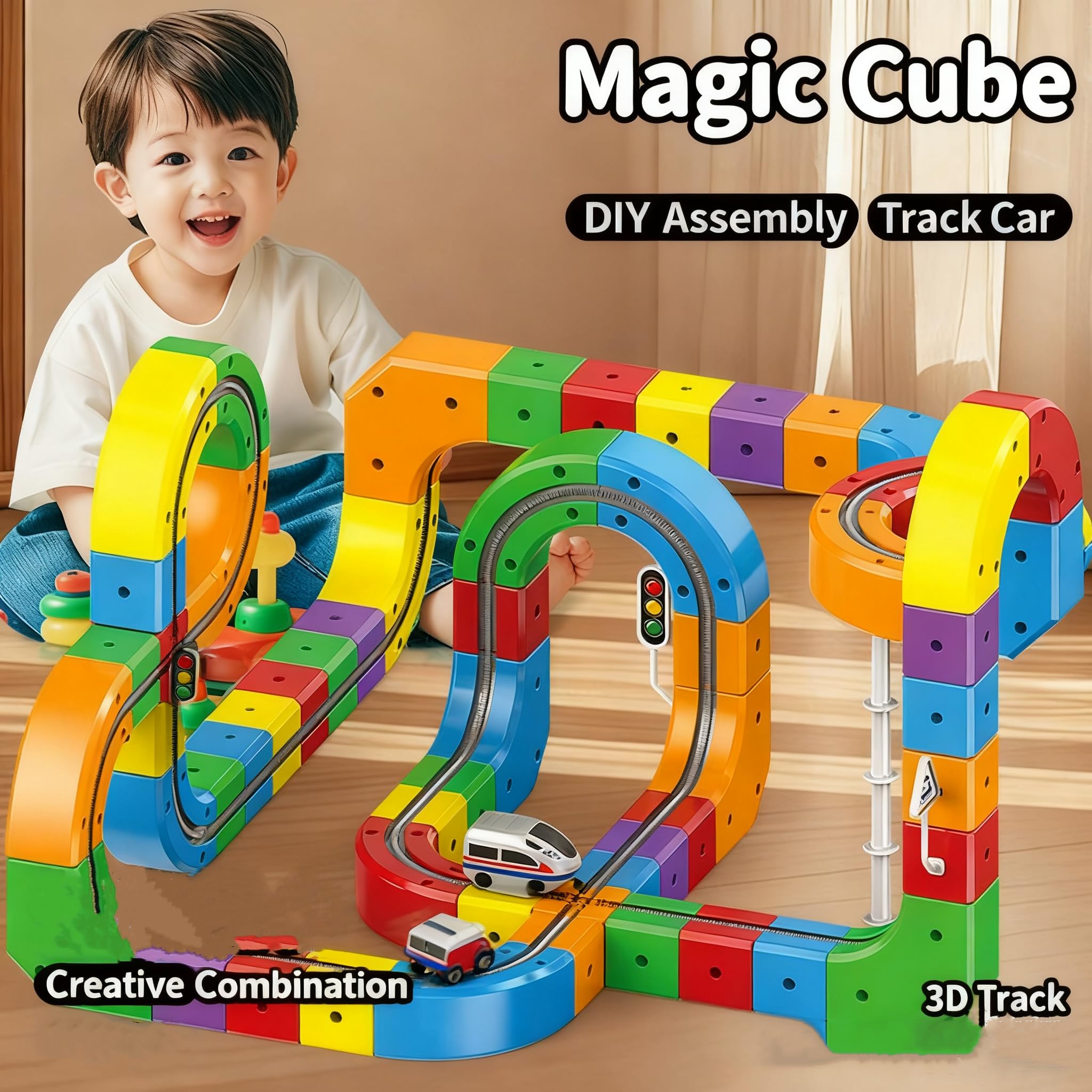 Rail Train  Set 3D Embedded Race Track Gravity Defying Motorized Car Rail Cube DIY  Montessori Sensory  Building Toy 81 Pcs STEM Christmas Birthday Gift