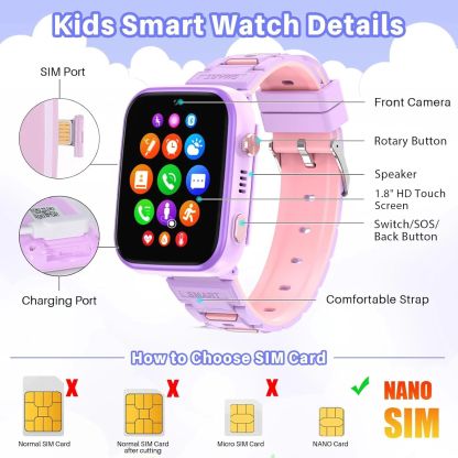 Smart Watch Kids 4G GPS Tracker 2 Way Calling Camera SOS WiFi Touch Screen Phone Boys Girls Gifts Safety Monitor Activity Device Purple
