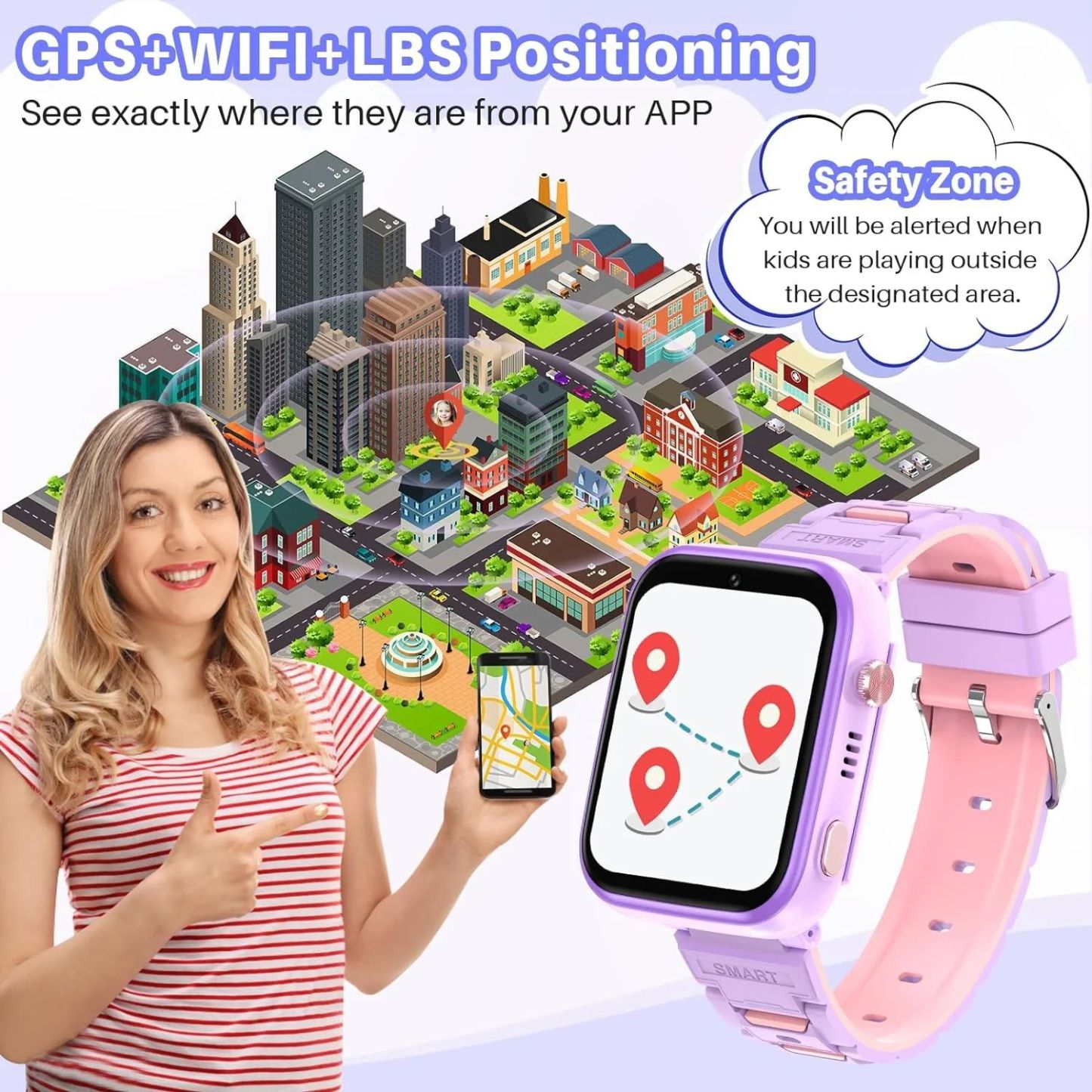 Smart Watch Kids 4G GPS Tracker 2 Way Calling Camera SOS WiFi Touch Screen Phone Boys Girls Gifts Safety Monitor Activity Device Purple