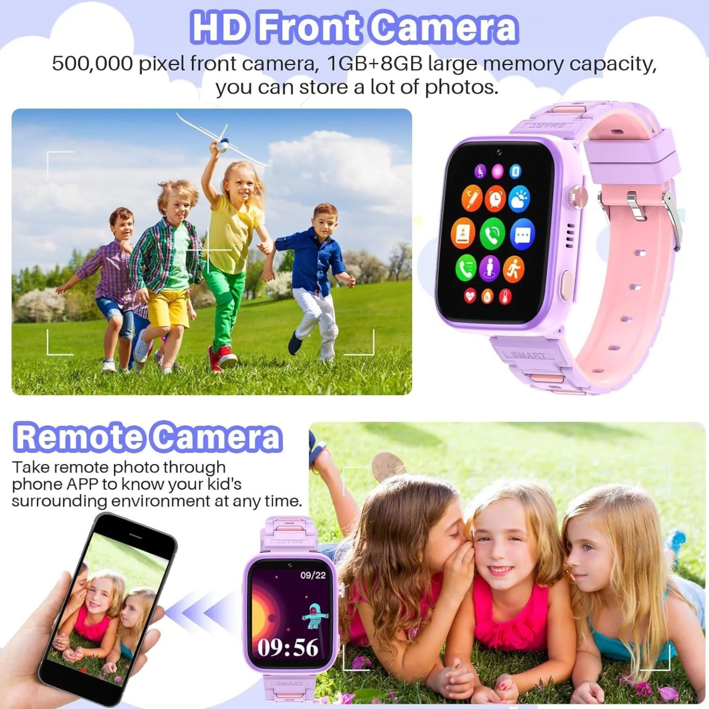 Smart Watch Kids 4G GPS Tracker 2 Way Calling Camera SOS WiFi Touch Screen Phone Boys Girls Gifts Safety Monitor Activity Device Purple
