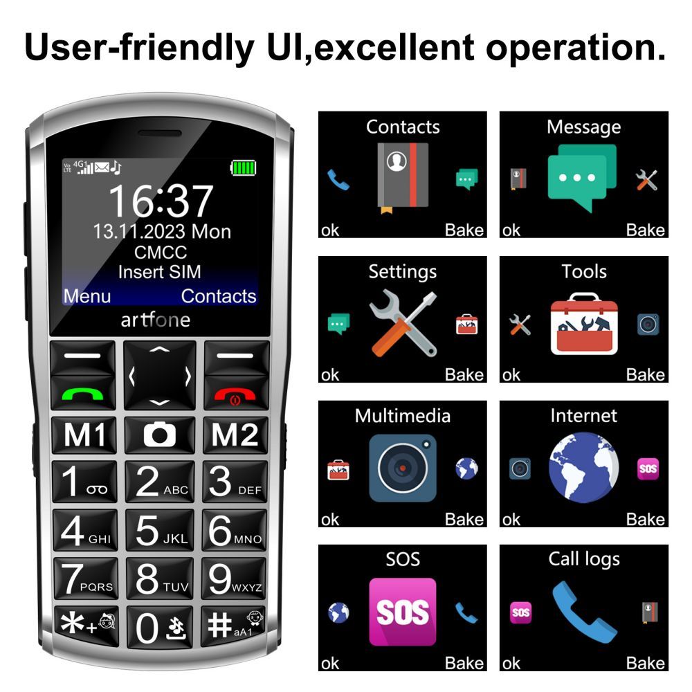 Mobile Phone Senior Big Button 4G VoLTE Unlock Large Fonts High Volume SOS USB C 1400mAh Battery Silver