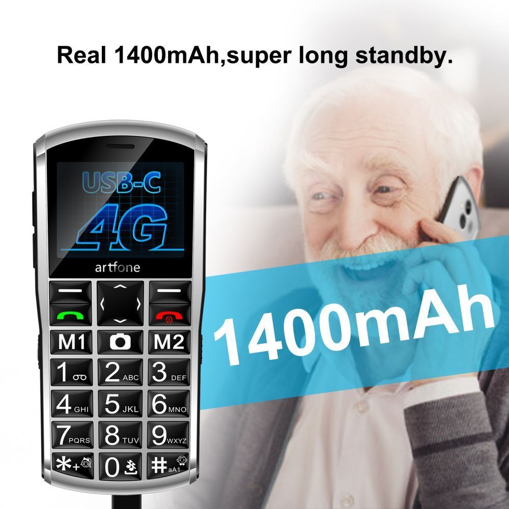 Mobile Phone Senior Big Button 4G VoLTE Unlock Large Fonts High Volume SOS USB C 1400mAh Battery Silver
