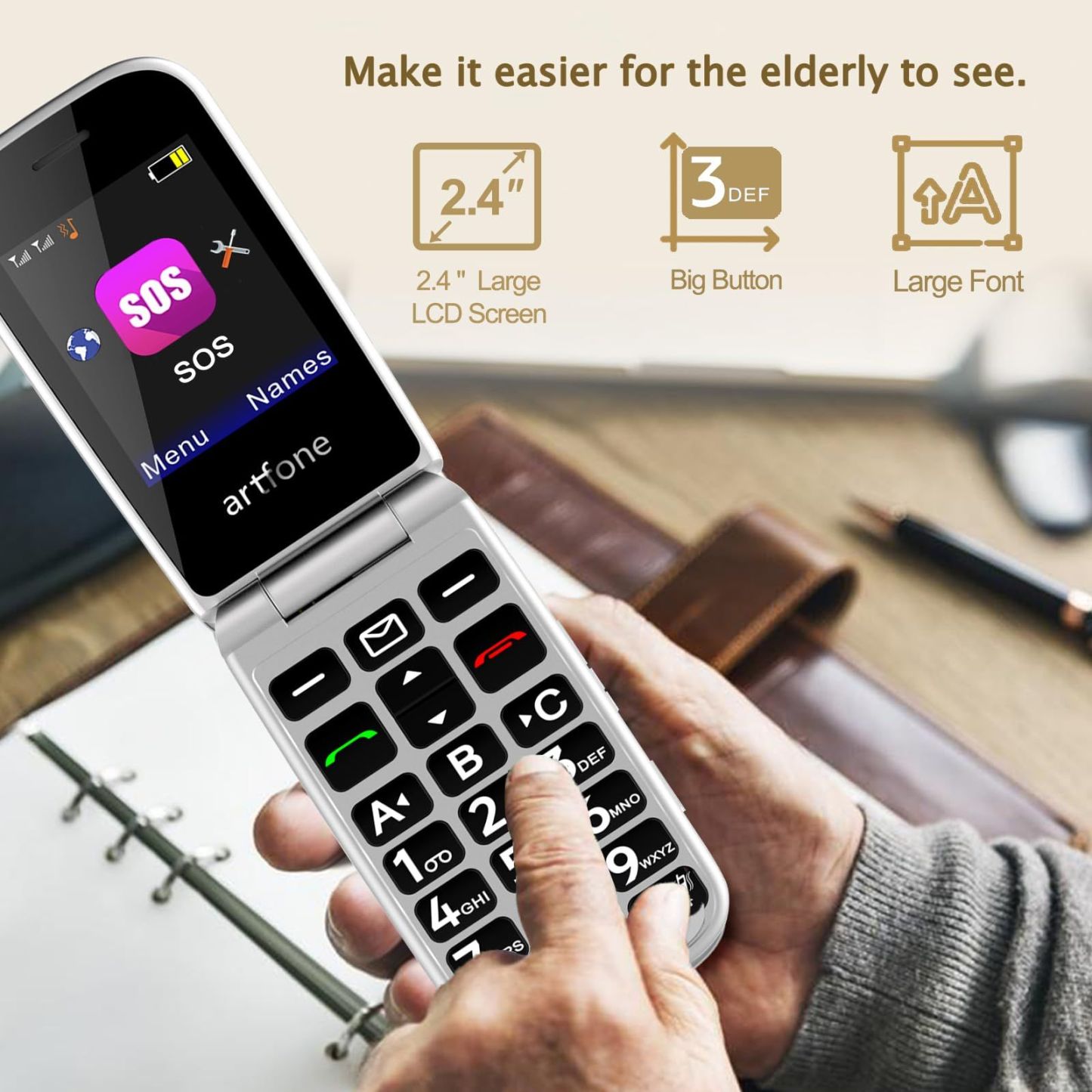 Senior Mobile Phone 4G VoLTE Unlock Big Button Elderly One Click Flipphone Cellphone Large Fonts High Volume Speakers SOS USB C 1200mAh Battery Silver