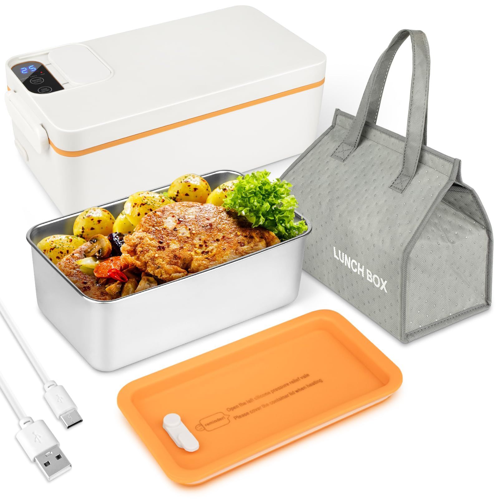 Electric Lunch Box Cordless Food Heater Battery Powered Warming Adjustable Time White