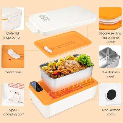 Electric Lunch Box Cordless Food Heater Battery Powered Warming Adjustable Time White