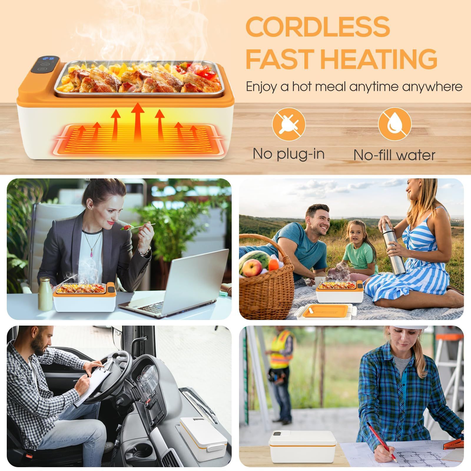 Electric Lunch Box Cordless Food Heater Battery Powered Warming Adjustable Time White