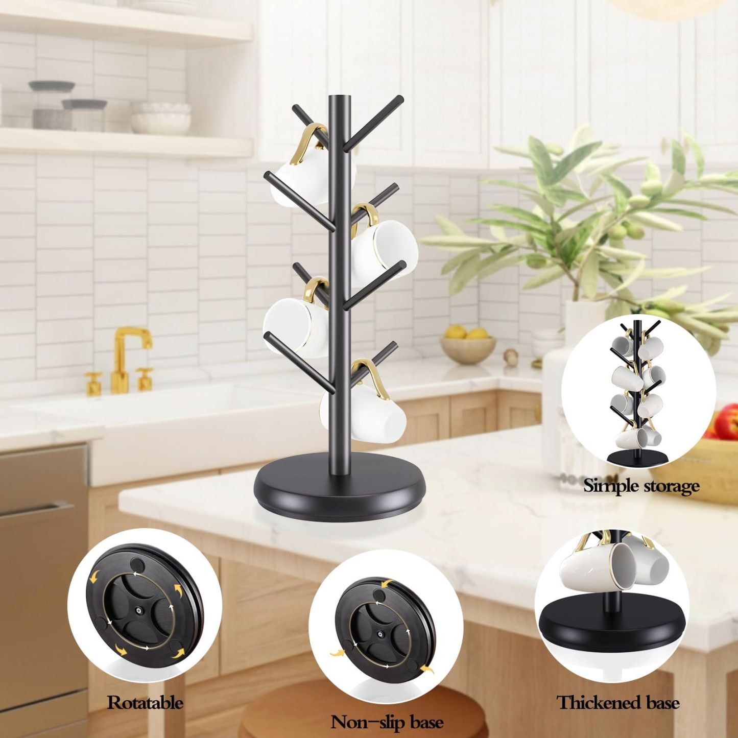 Mug Holder Tree,New Upgraded 360 Degree Rotated 8 Hooks Coffee Cup Holder,Wood Coffee Mug Rack Standing (Black)