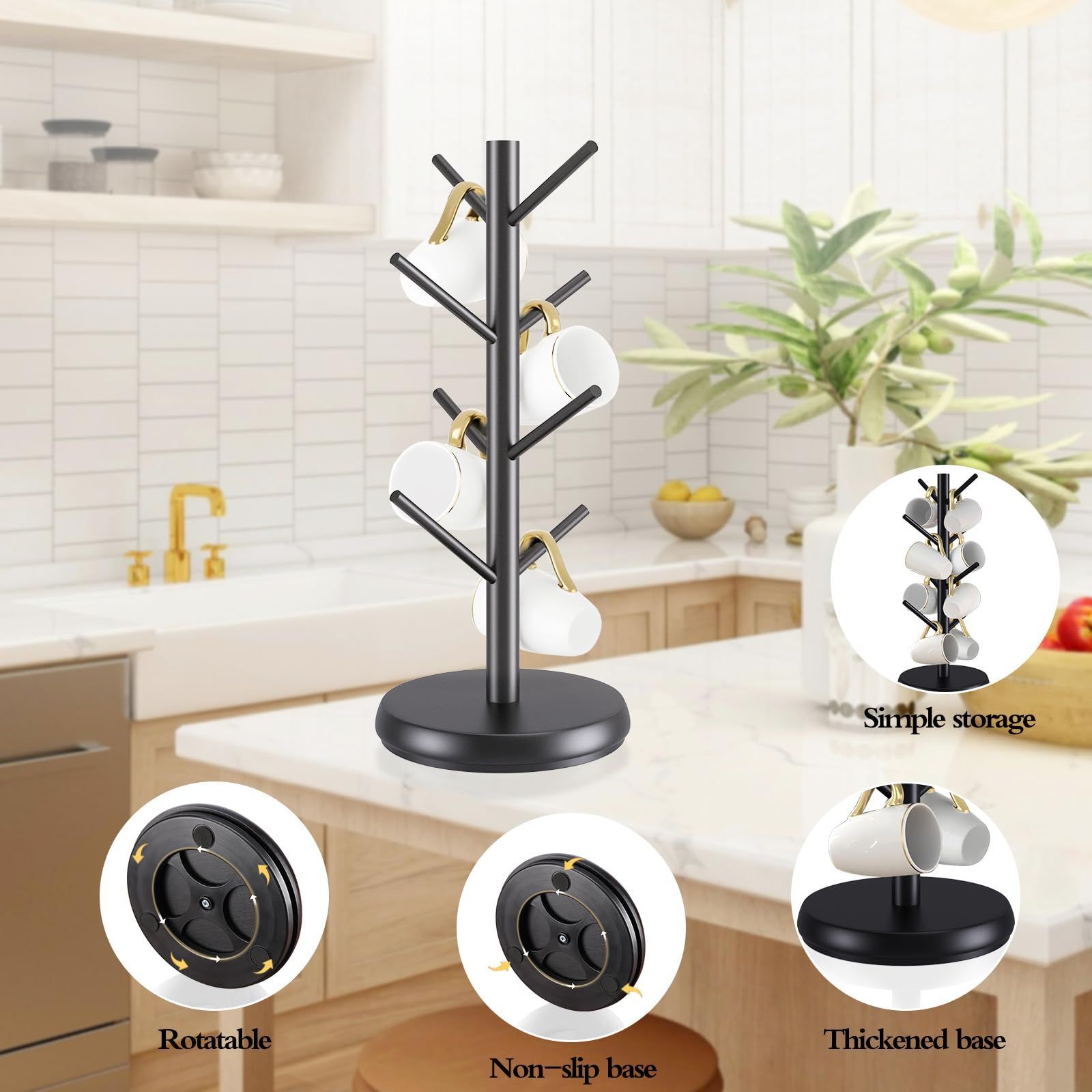 Mug Holder Tree,New Upgraded 360 Degree Rotated 8 Hooks Coffee Cup Holder,Wood Coffee Mug Rack Standing (Black)