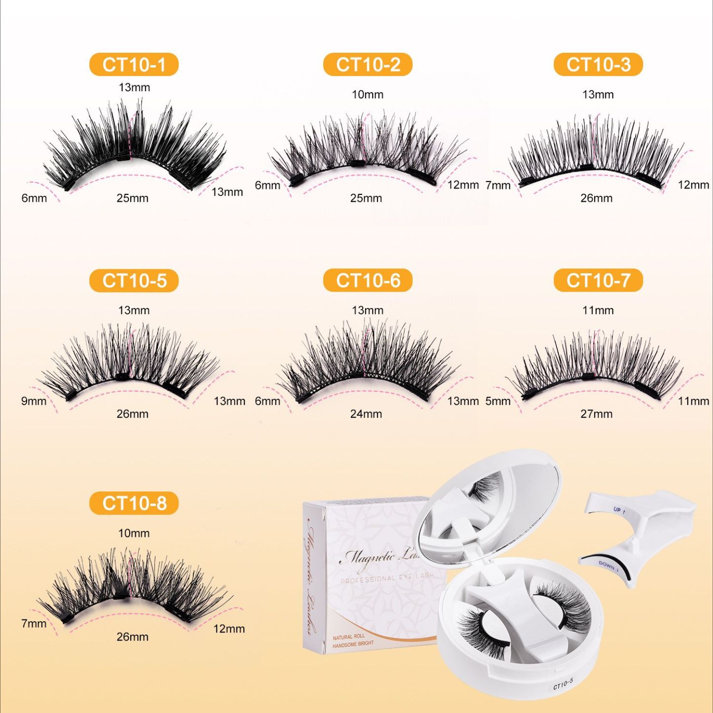 3D Natural Double-Sided Magnetic False Eyelashes Kit Reusable Portable Fake Eyelashes With Eyelash Clip-Size CT10-5