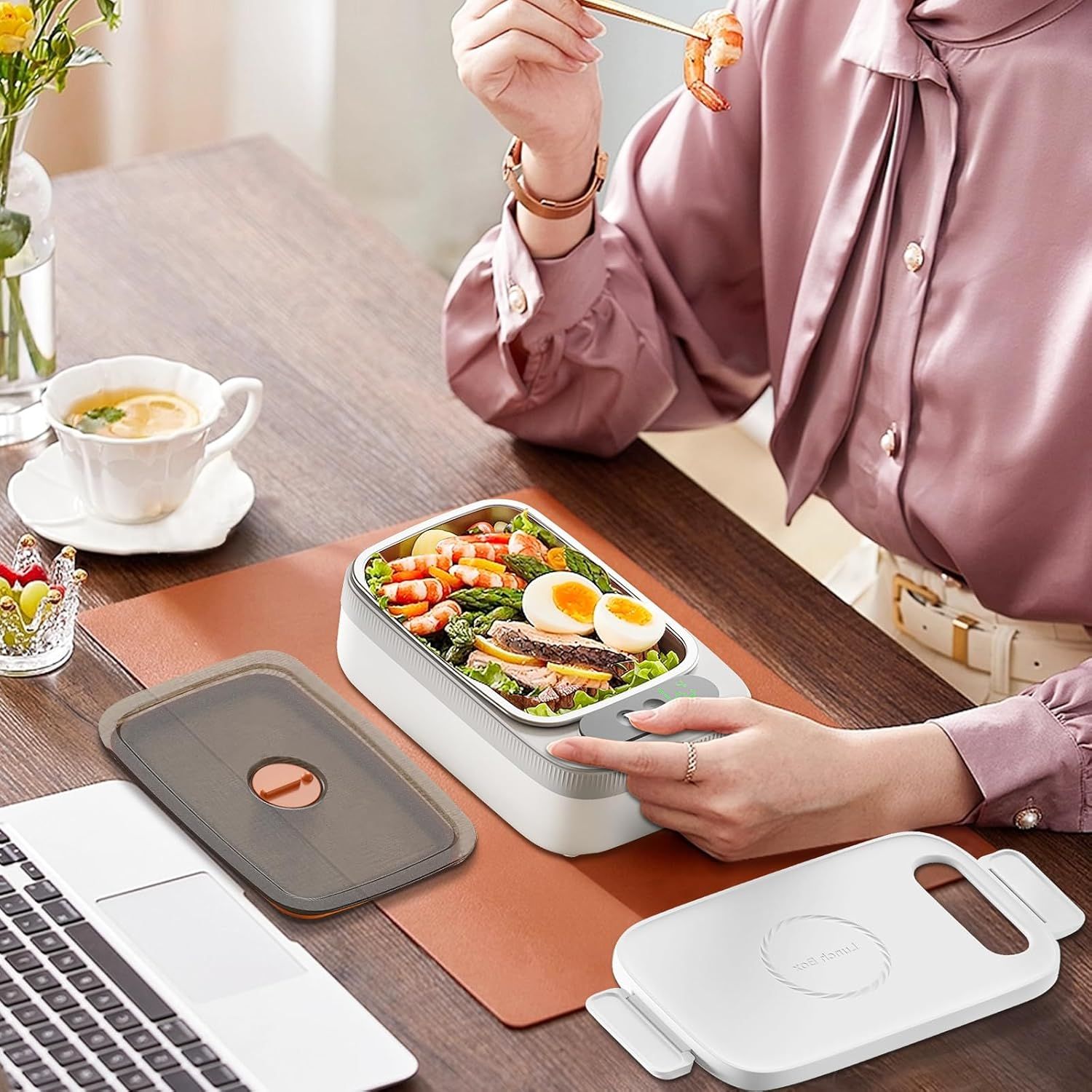 Cordless Electric Lunch Box for Adults, 14000mAh Rechargeable Auto Heated Lunch Box, 1L Protable Self-Heating Food Warmer for Car, Office, Travel