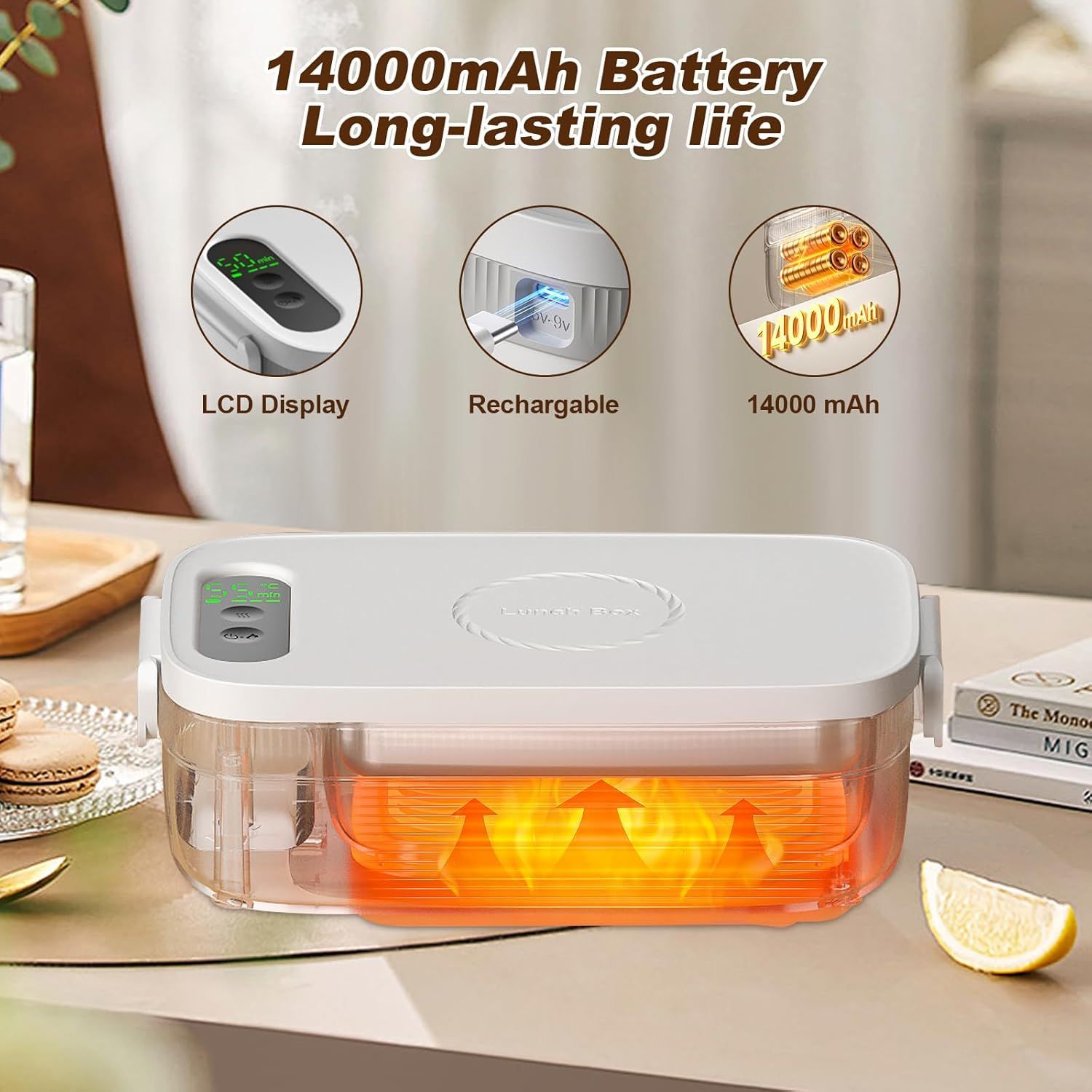 Cordless Electric Lunch Box for Adults, 14000mAh Rechargeable Auto Heated Lunch Box, 1L Protable Self-Heating Food Warmer for Car, Office, Travel