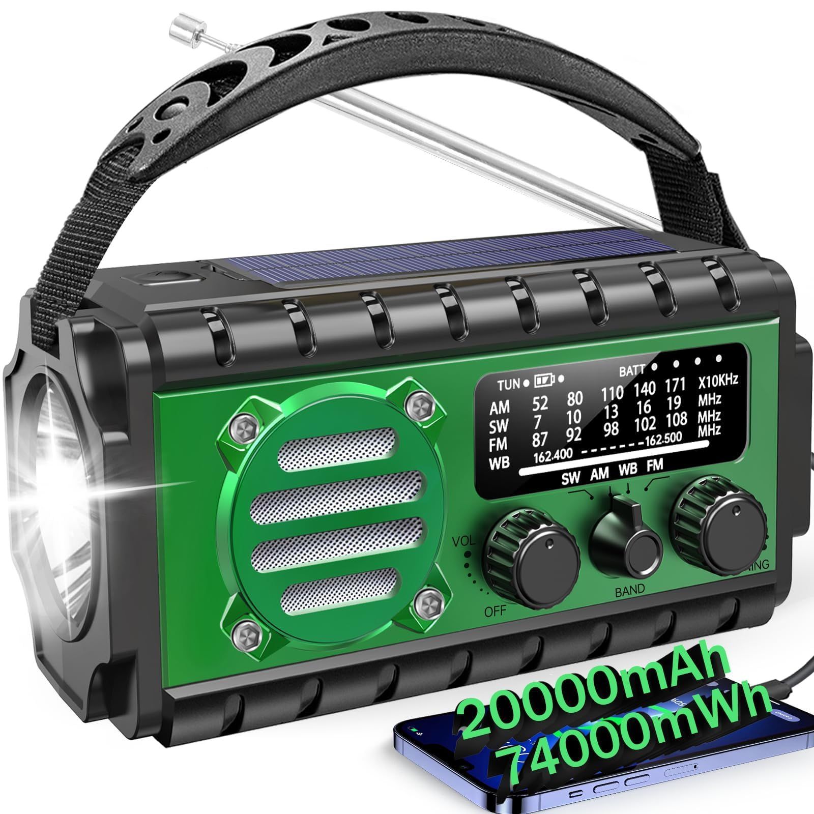 20000mah Emergency Radio,SW/NOAA/AM/FM Weather Radio,Solar Powered Hand Crank Chager with Bige Batery Powered,Portable,Cellphone Charge,SOS