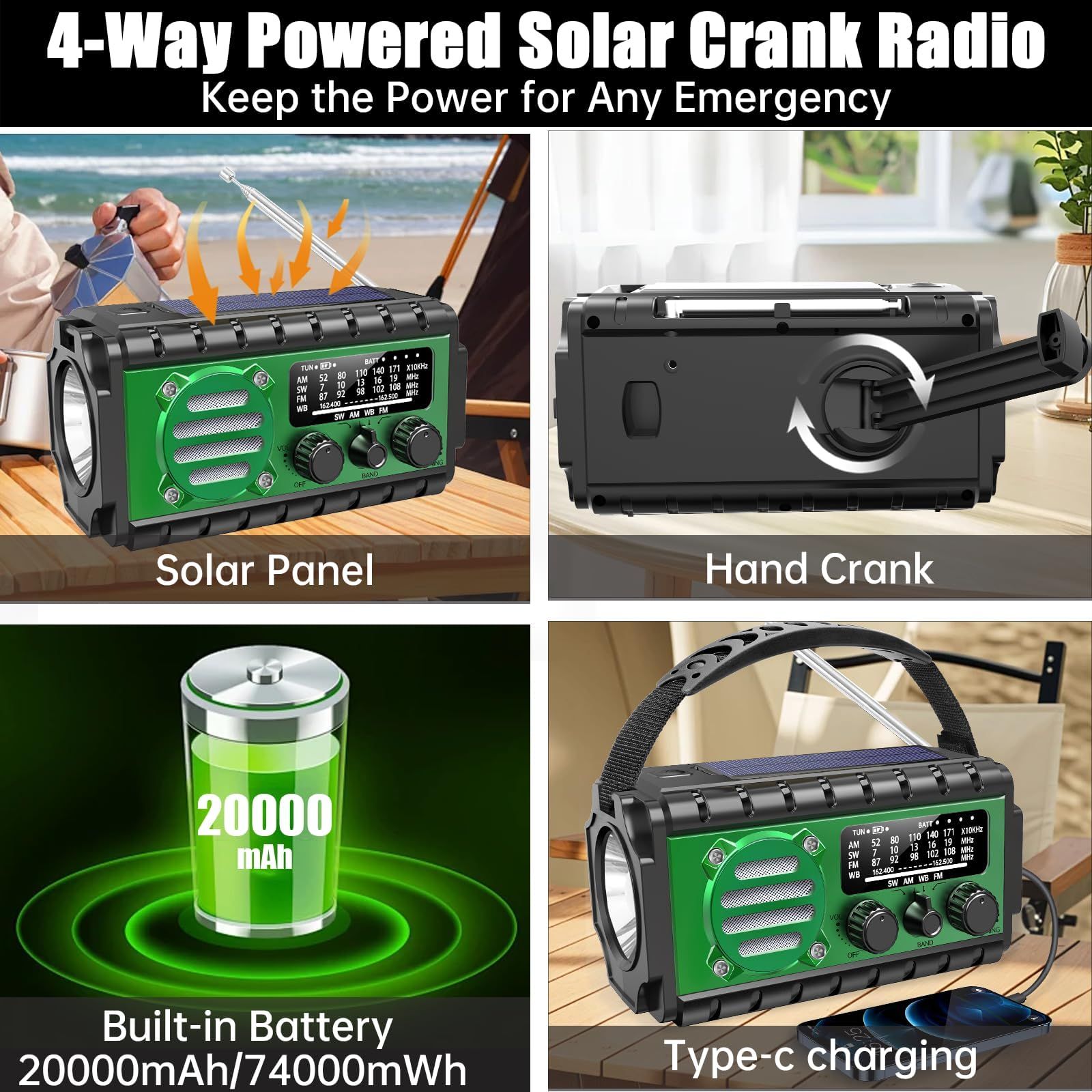 20000mah Emergency Radio,SW/NOAA/AM/FM Weather Radio,Solar Powered Hand Crank Chager with Bige Batery Powered,Portable,Cellphone Charge,SOS