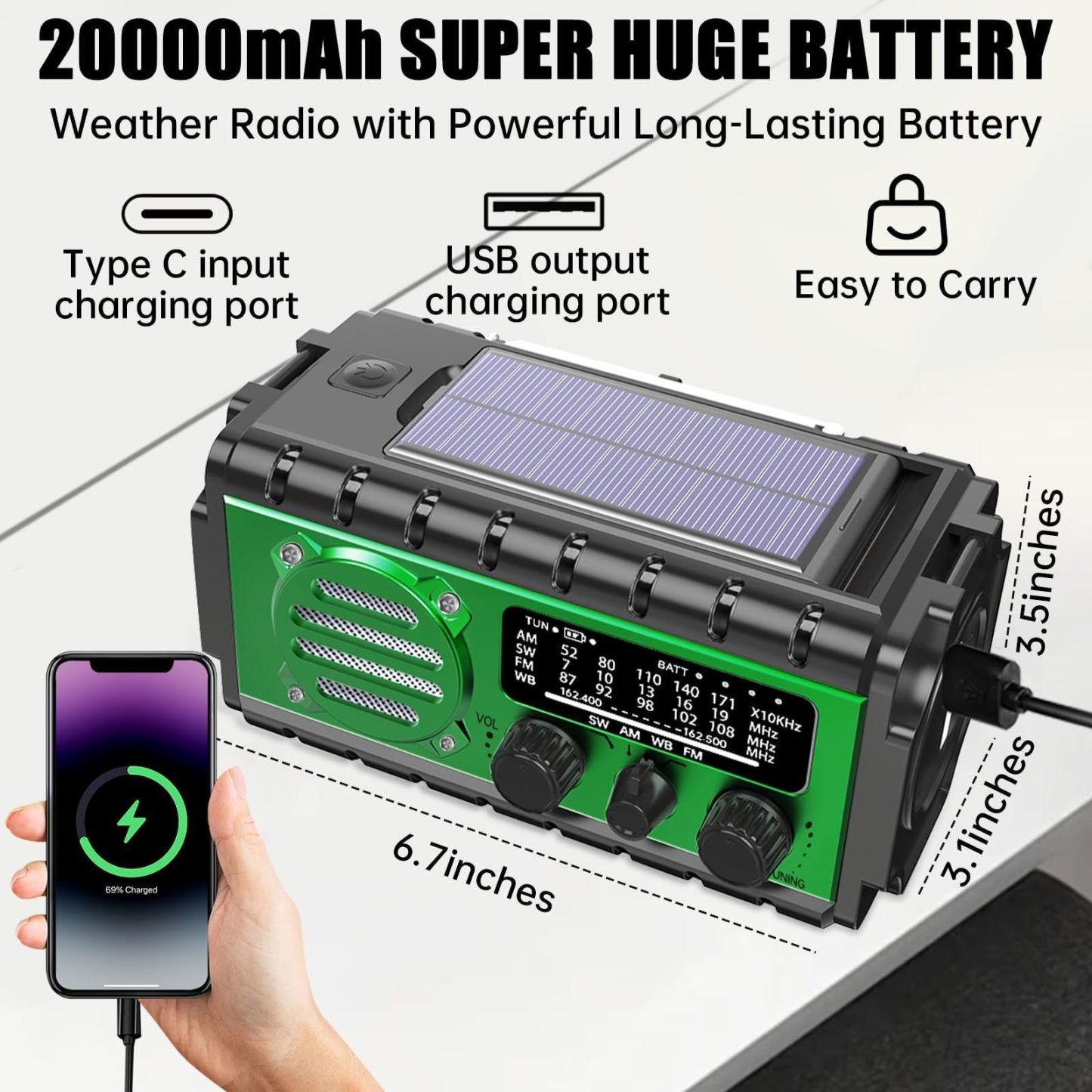 20000mah Emergency Radio,SW/NOAA/AM/FM Weather Radio,Solar Powered Hand Crank Chager with Bige Batery Powered,Portable,Cellphone Charge,SOS