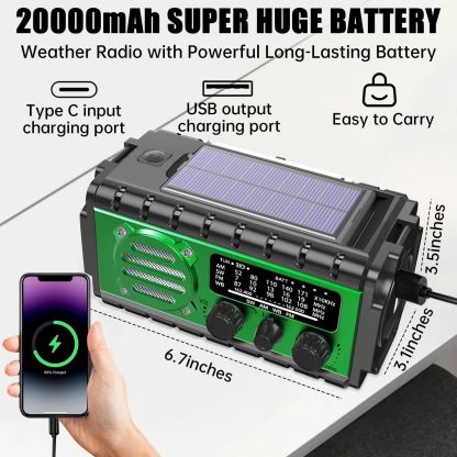 20000mah Emergency Radio,SW/NOAA/AM/FM Weather Radio,Solar Powered Hand Crank Chager with Bige Batery Powered,Portable,Cellphone Charge,SOS