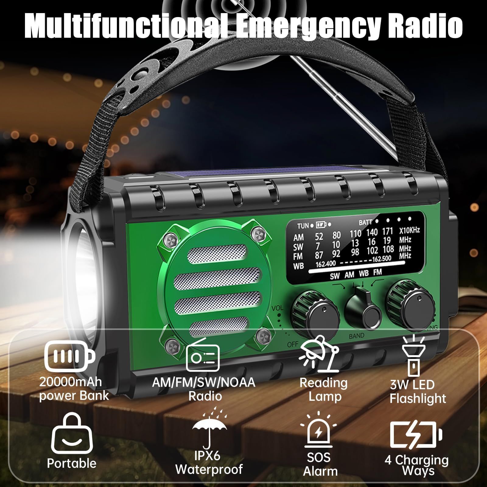 20000mah Emergency Radio,SW/NOAA/AM/FM Weather Radio,Solar Powered Hand Crank Chager with Bige Batery Powered,Portable,Cellphone Charge,SOS