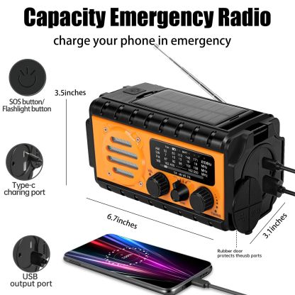 74000mWh Emergency Radio with NOAA Weather,Portable Hand Crank SW/AM/FM Survival Radio with Fast Charge Rechargeable Solar Battery,Flashlight,SOS