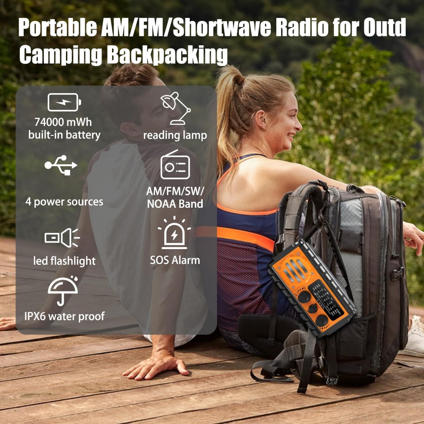 74000mWh Emergency Radio with NOAA Weather,Portable Hand Crank SW/AM/FM Survival Radio with Fast Charge Rechargeable Solar Battery,Flashlight,SOS