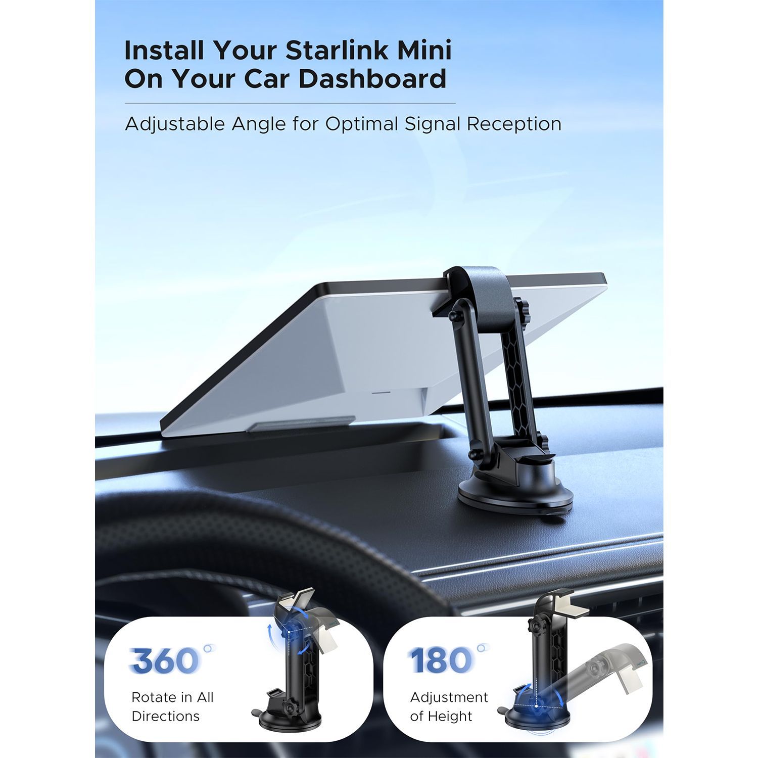 Starlink Mini Car Mount,Starlink Mini Mounting Kit,High Strength Suction Base,Angle-Adjustable,Car Suction Cup Mount Ensures Stable Setup While Driving
