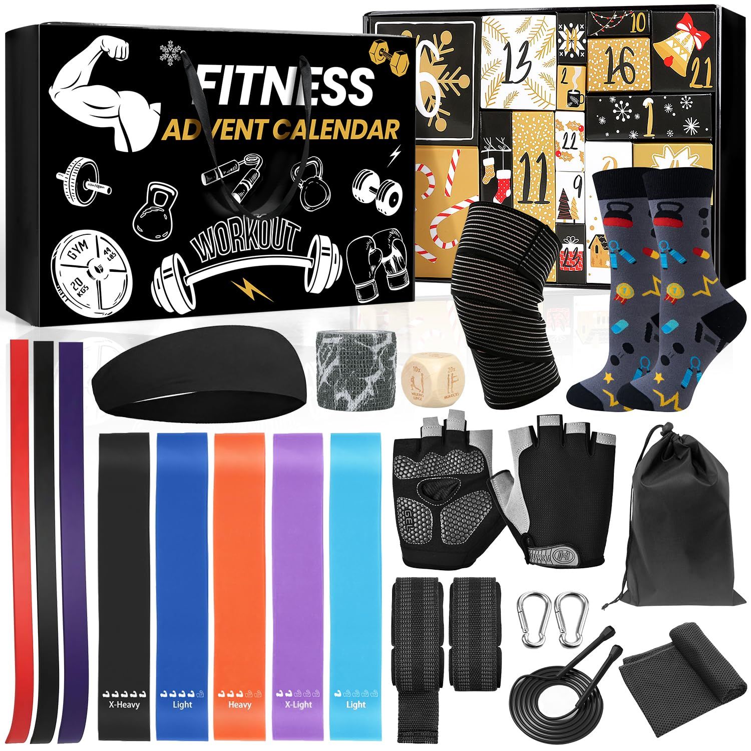 Fitness Gear Advent Calendar 2025,24 Days of Workout Essentials with Jump Rope,Resistance Bands,Gloves,Headbands & More - Christmas Countdown Gifts