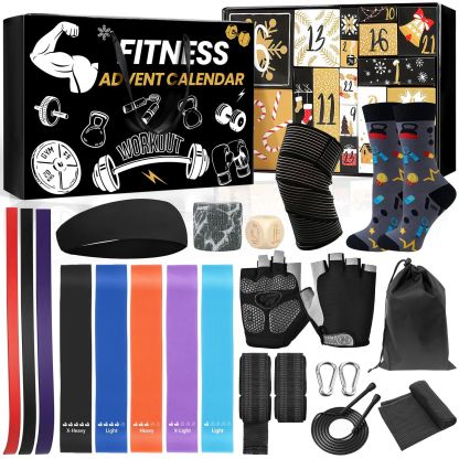 Fitness Gear Advent Calendar 2025,24 Days of Workout Essentials with Jump Rope,Resistance Bands,Gloves,Headbands & More - Christmas Countdown Gifts