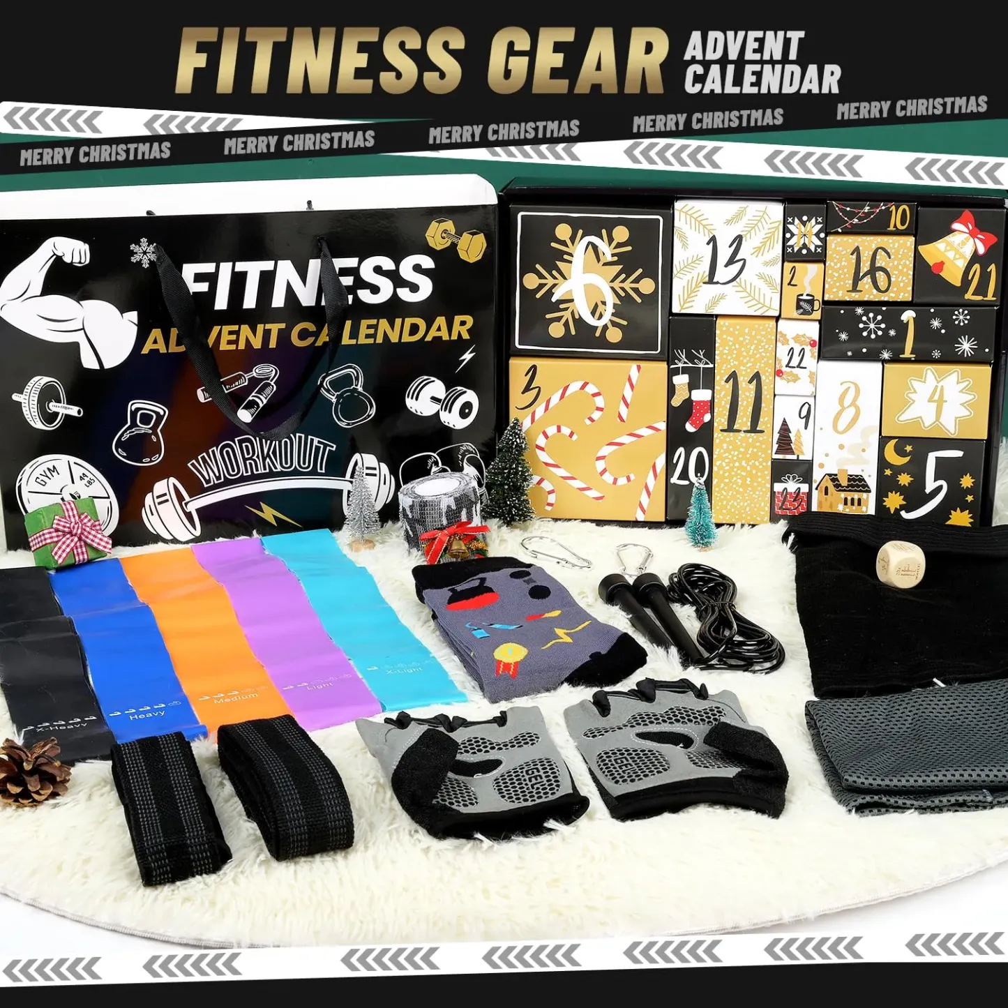 Fitness Gear Advent Calendar 2025,24 Days of Workout Essentials with Jump Rope,Resistance Bands,Gloves,Headbands & More - Christmas Countdown Gifts