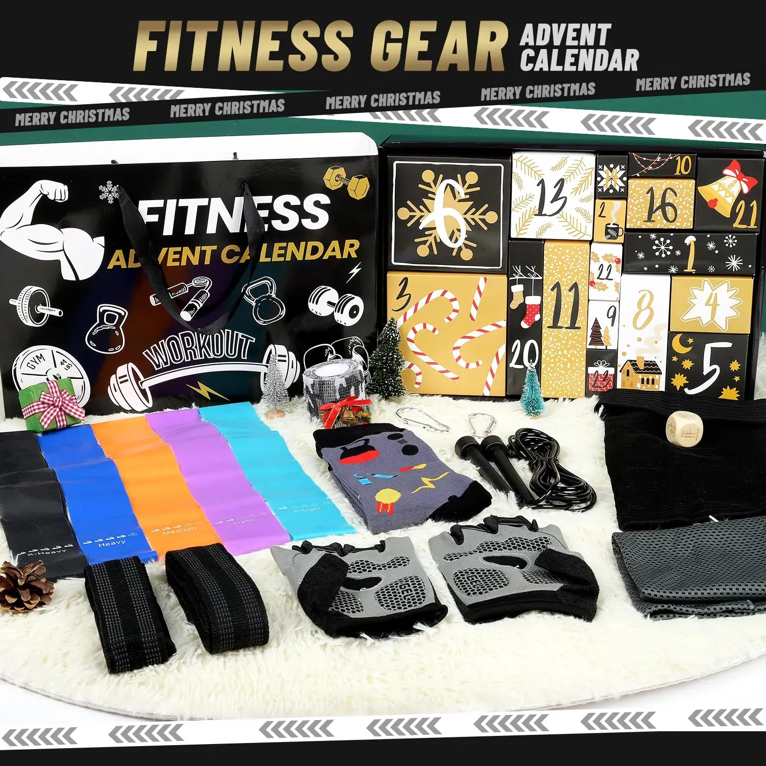 Fitness Gear Advent Calendar 2025,24 Days of Workout Essentials with Jump Rope,Resistance Bands,Gloves,Headbands & More - Christmas Countdown Gifts