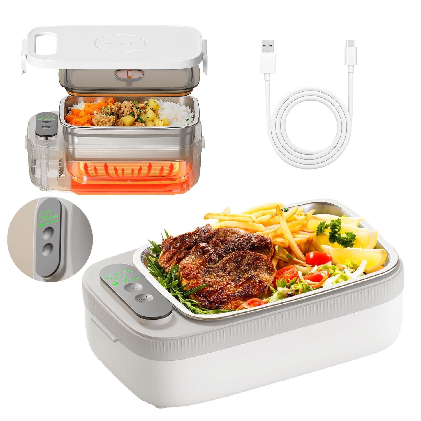 Cordless Electric Lunch Box,14000mAh Rechargeable Auto Heated Lunch Box,1L Protable Self-Heating Food Warmer for Car,Office,Travel,Picnic & Outdoor