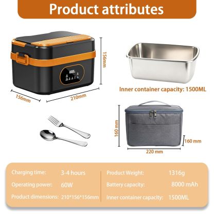 Heated Lunch Box Cordless Rechargeable Food Warmer Smart Reservation Keep Warm Portable Meal Prep Container