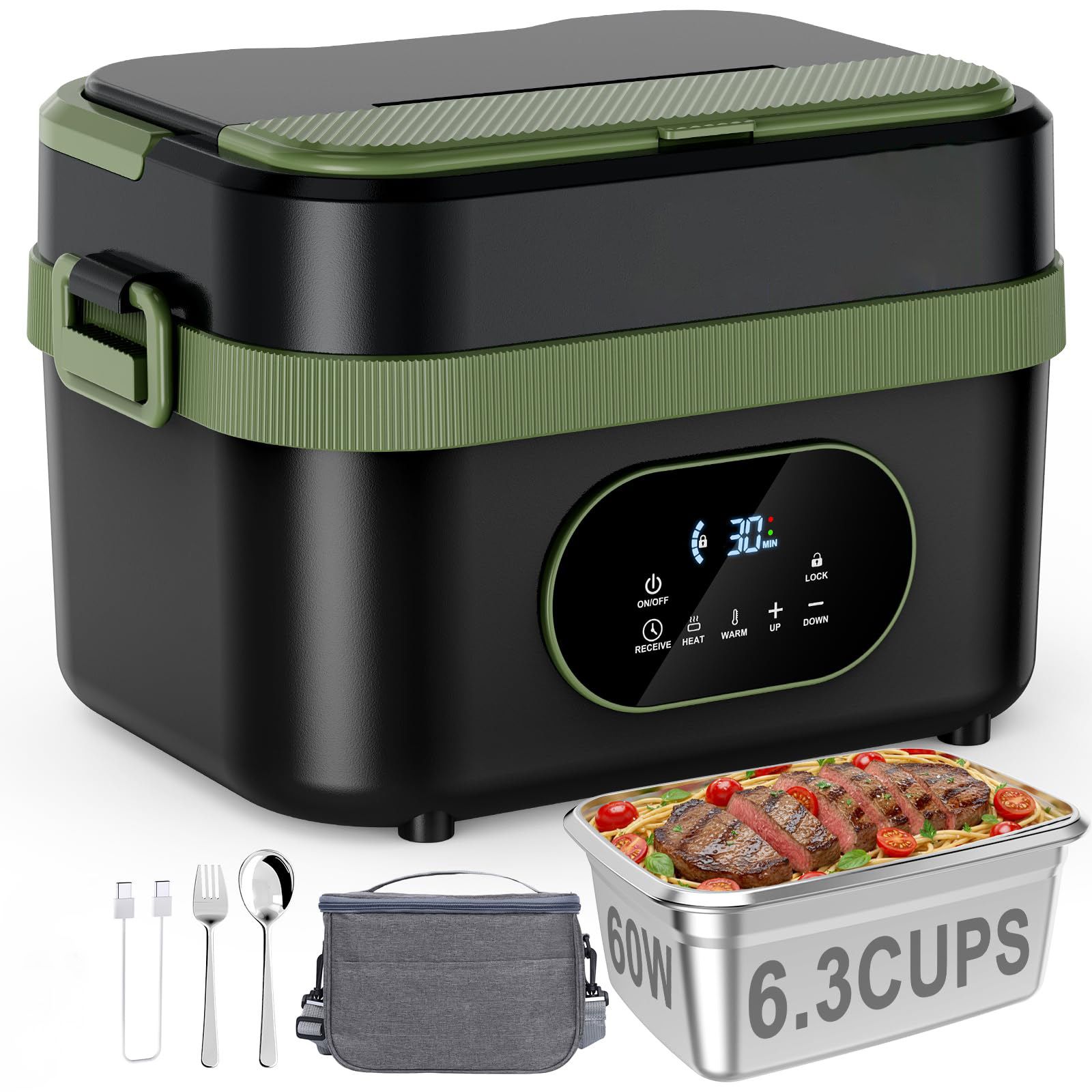 Cordless Electric Lunch Box,60W Fast Heating Portable Food Warmer with Scheduled Heating,Removable Divider,Large Capacity Heated Lunch Box