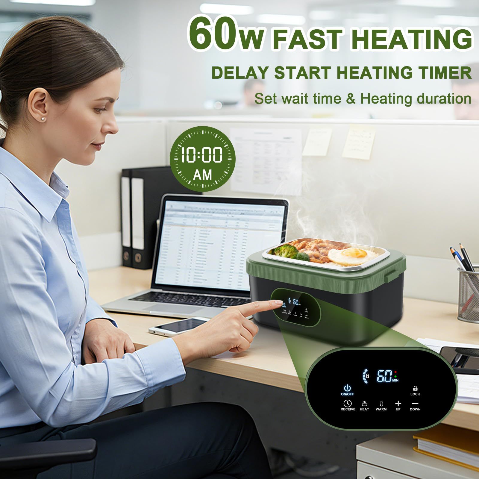 Cordless Electric Lunch Box,60W Fast Heating Portable Food Warmer with Scheduled Heating,Removable Divider,Large Capacity Heated Lunch Box