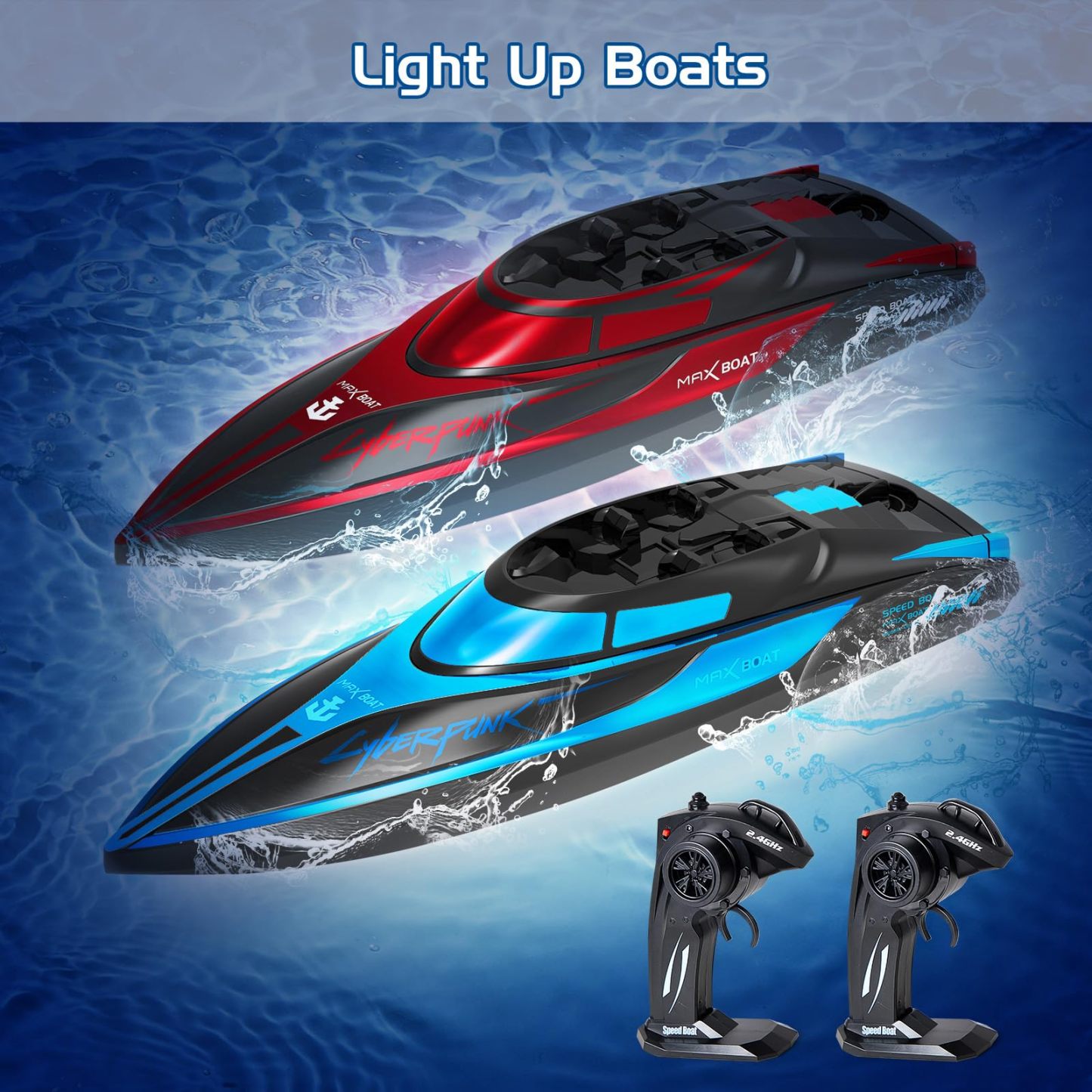 RC Boat for Kids 2Pcs Remote Control Boats Night Glowing Toys Waterproof Rechargable Battery for Pools Lakes Outdoor Play Gifts