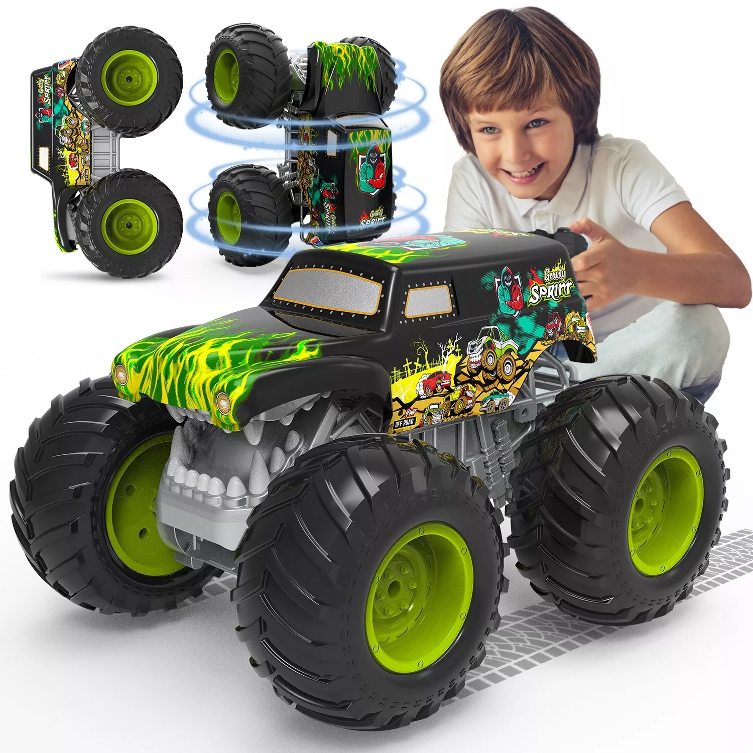 2.4GHz RC Monster Truck Remote Control Car, 360 Degree Rotation Off Road Vehicle with Lights for Kids Boys Gift