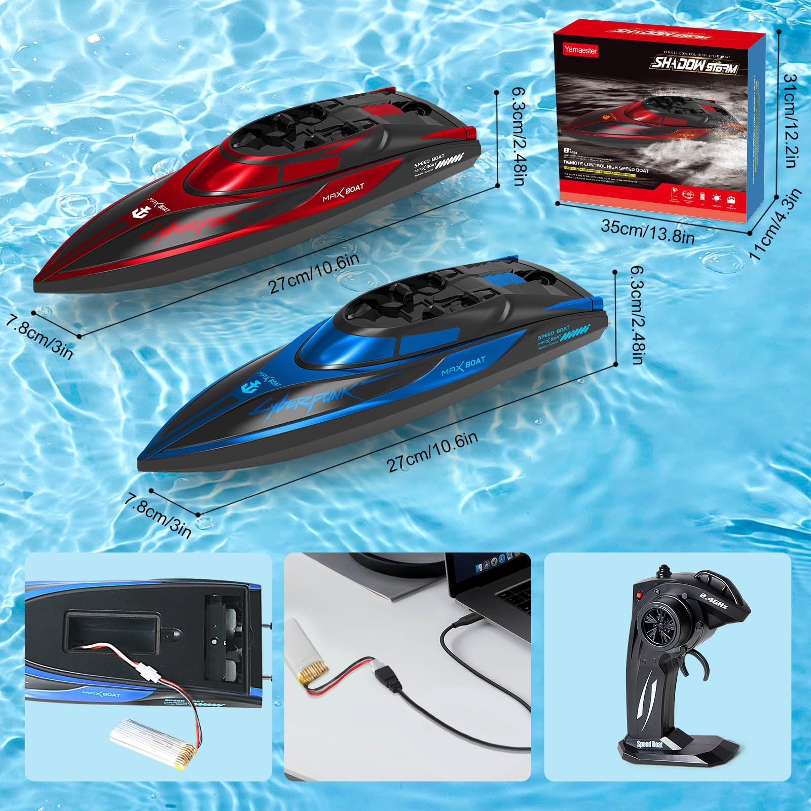 RC Boat for Kids 2Pcs Remote Control Boats Night Glowing Toys Waterproof Rechargable Battery for Pools Lakes Outdoor Play Gifts