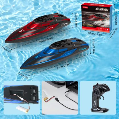 RC Boat for Kids 2Pcs Remote Control Boats Night Glowing Toys Waterproof Rechargable Battery for Pools Lakes Outdoor Play Gifts