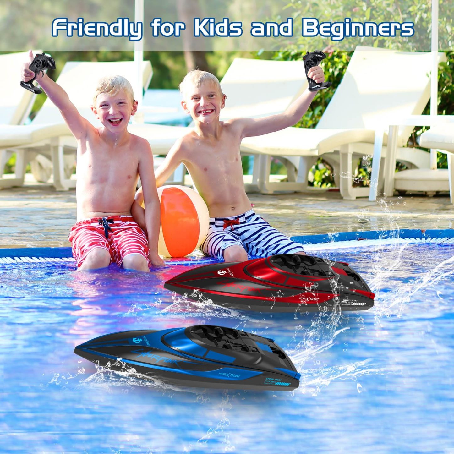 RC Boat for Kids 2Pcs Remote Control Boats Night Glowing Toys Waterproof Rechargable Battery for Pools Lakes Outdoor Play Gifts