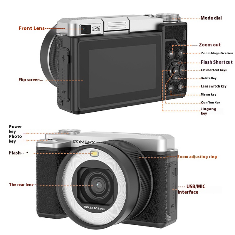 Black 5K HD WiFi 32G Card Micro Digital Camera Student Party Campus Dual Camera Flip Cover