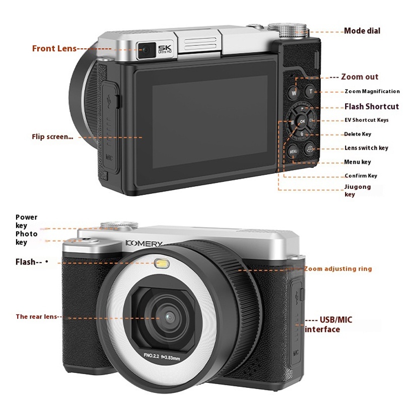 Black 5K HD WiFi 32G Card Micro Digital Camera Student Party Campus Dual Camera Flip Cover