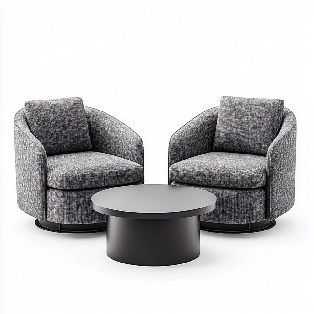 Conjunto de Sillones Giratorios de Poliéster Gris y Mesa Redonda de Madera MDF Gris Oscuro