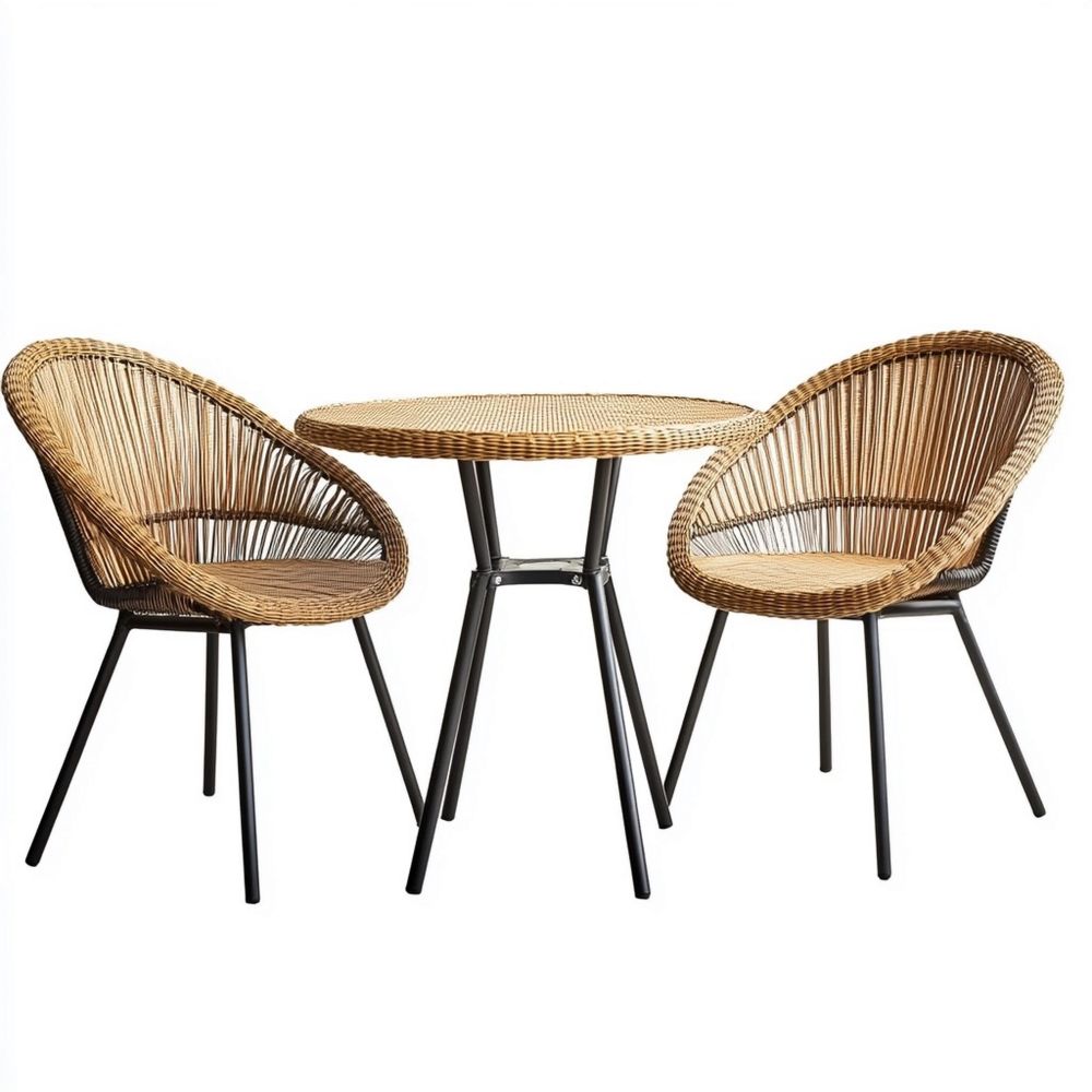 Conjunto de Muebles para Exterior 3 Piezas Mesa Redonda y Sillas de Ratán y Acero al Carbono