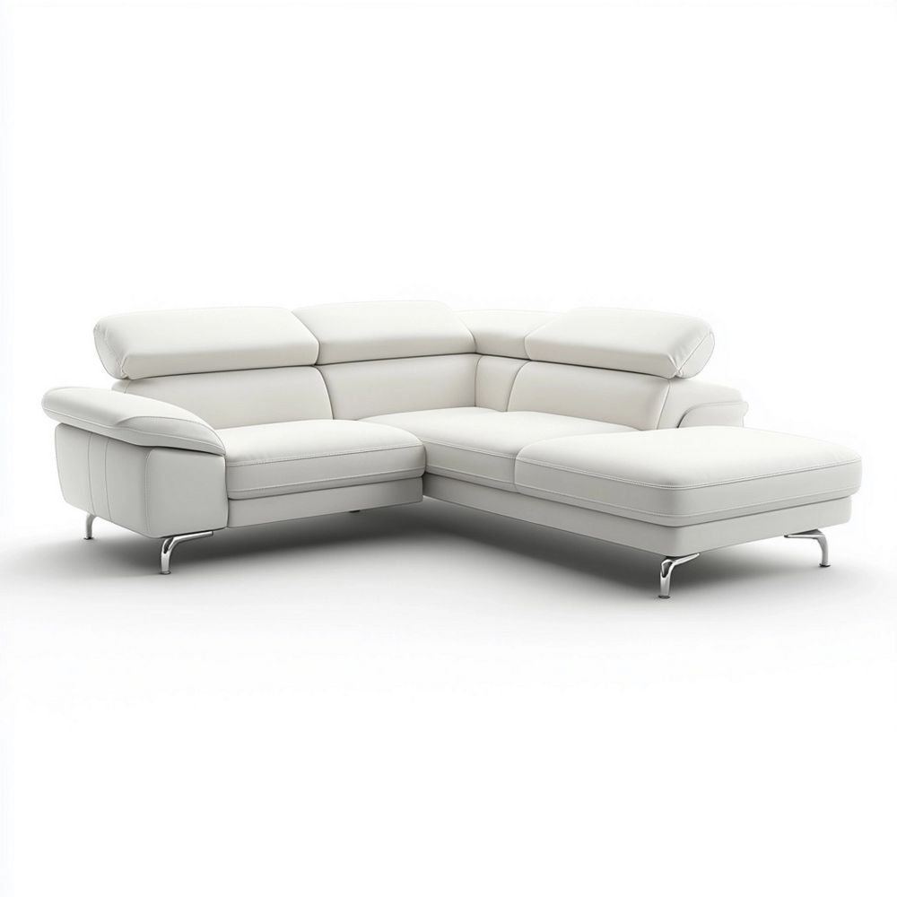 Sofá Esquinero de Cuero Sintético Blanco con Reposacabezas Ajustables, 3 Plazas