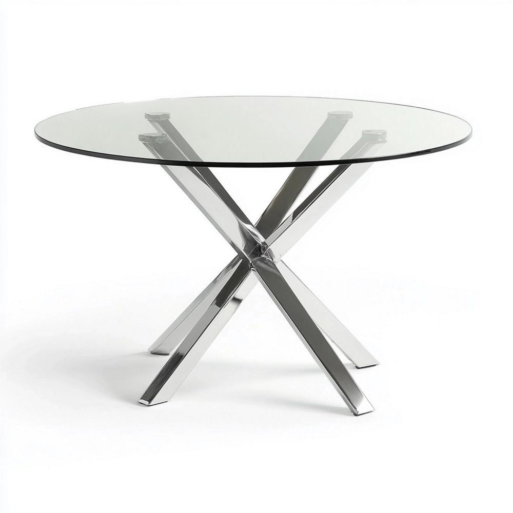 Mesa de comedor redonda de cristal templado transparente y base de acero inoxidable plateado 120 cm
