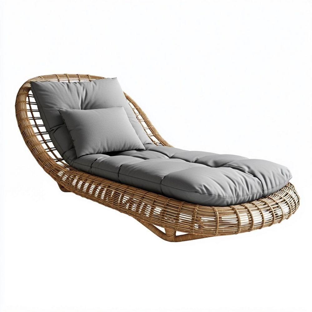 Tumbona de ratán sintético forma curva color gris con cojines acolchados 200x70x85 cm