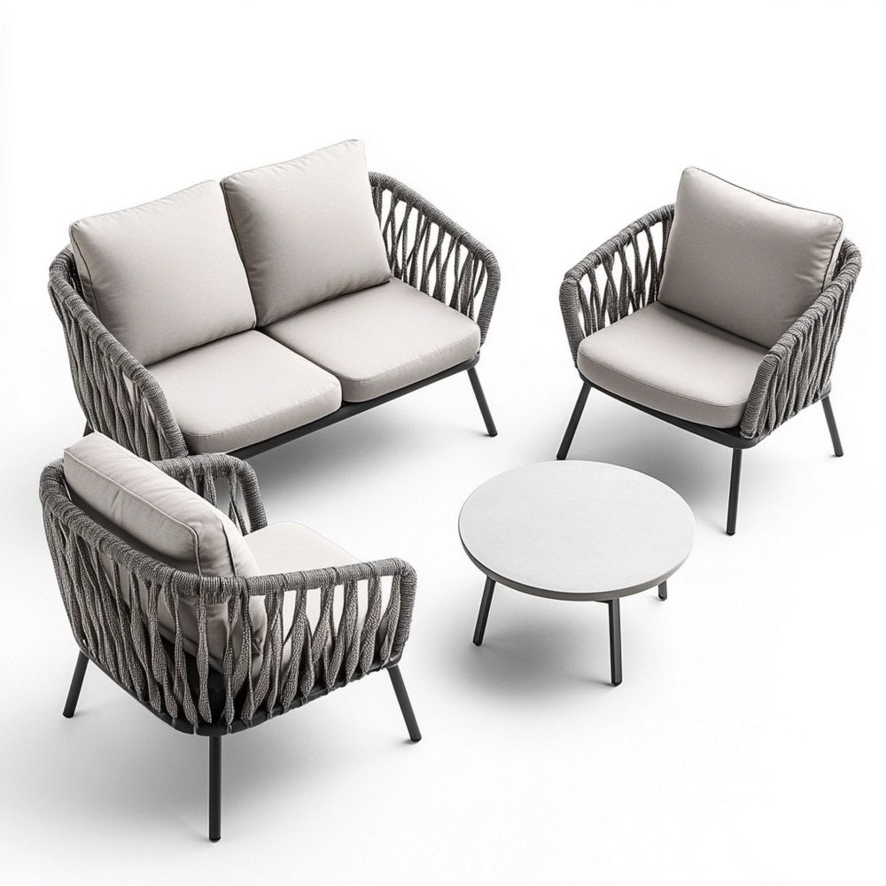 Juego de Muebles de Jardín 4 Piezas - Gris/Beige - Estructura de Acero al Carbono y Cojines de Poliéster