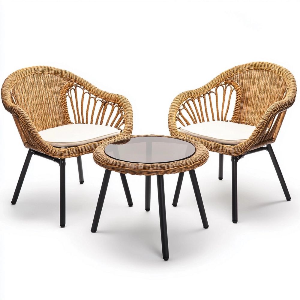 Conjunto de Muebles de Jardín 3 Piezas Rattan Sintético Vidrio Templado Beige/Negro