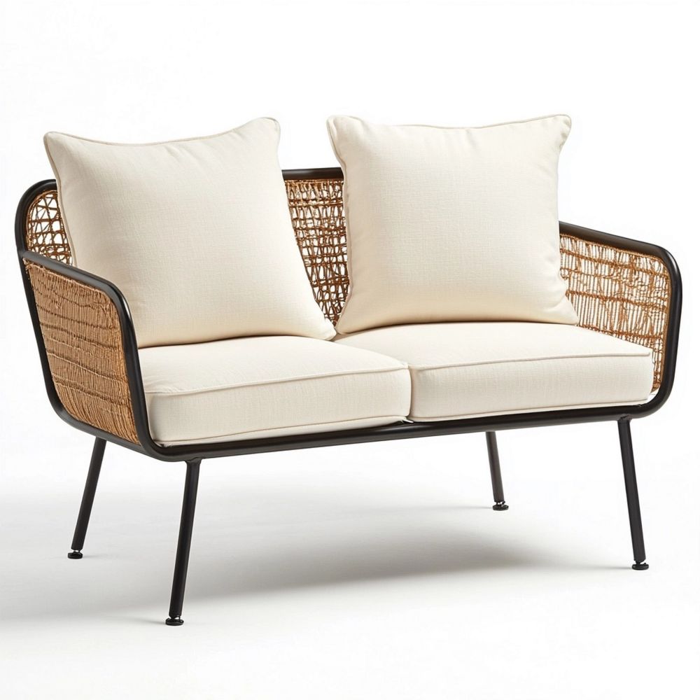 Sofá de Dos Plazas Ratán/Cojines Cremas Estructura Acero 120 cm