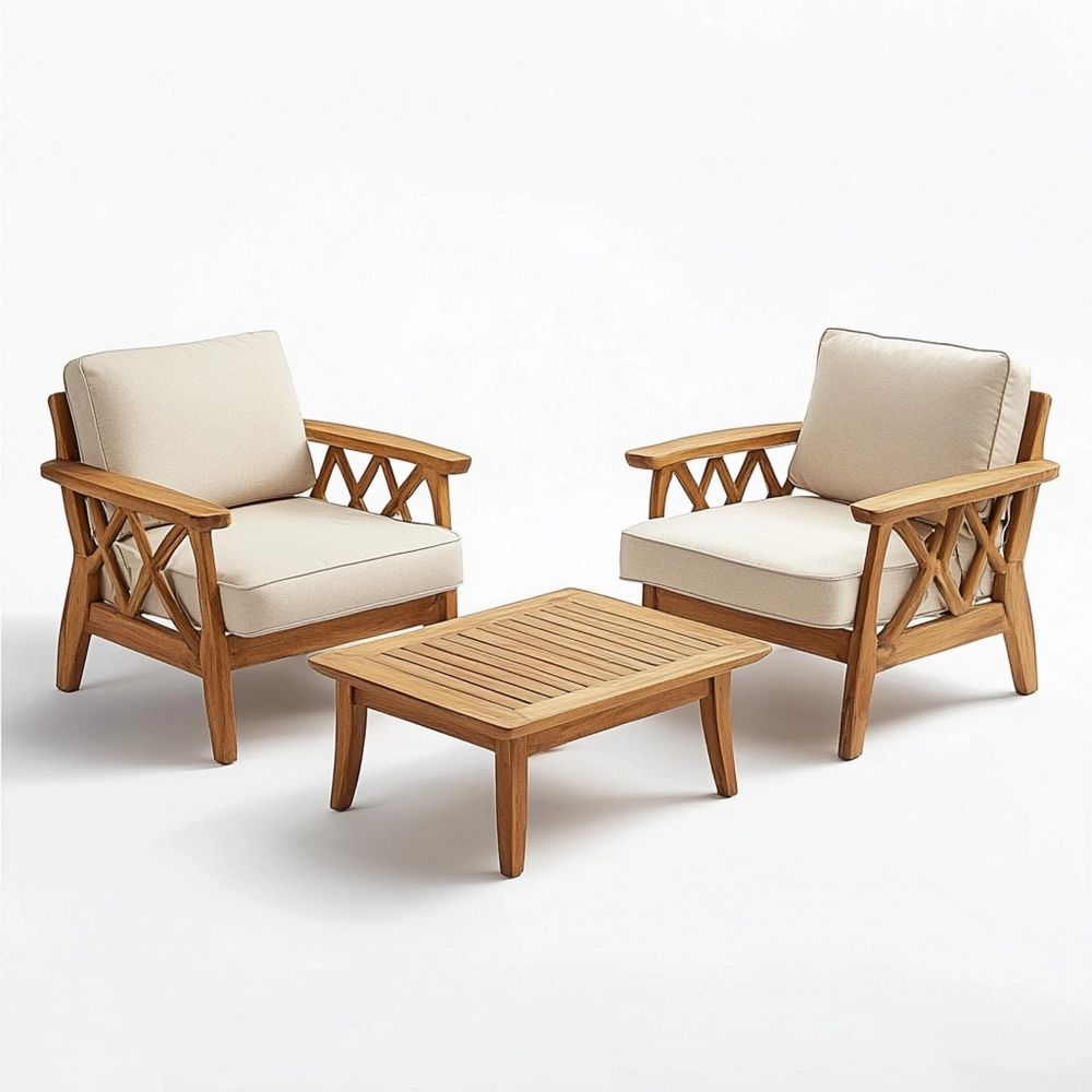 Set de Muebles de Jardín de 3 Piezas de Teca Madera con Cojines de Poliéster Beige