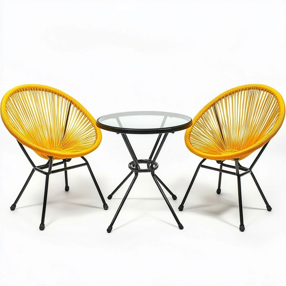 Set de Muebles de Jardín 3 Piezas con 2 Sillas de Acero y Cordón Amarillo + Mesa Redonda de Vidrio Templado Negro