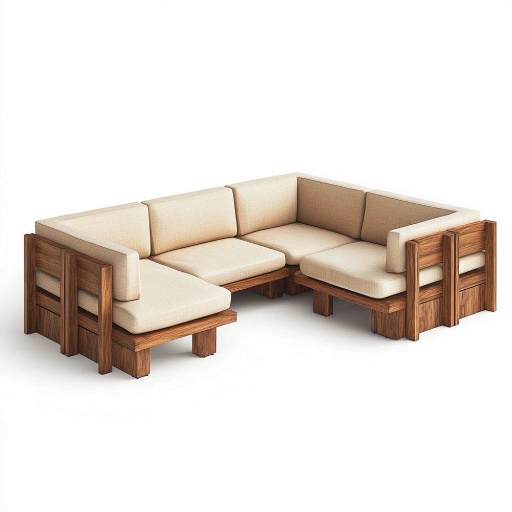 Sofá Seccional Esquinero Modular de Roble y Poliéster Beige 300 cm x 300 cm x 80 cm